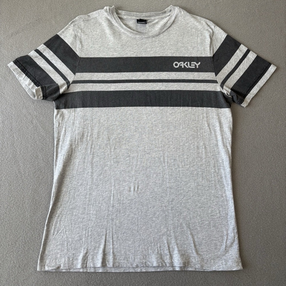 Oakley T Shirt Mens Large Black Gray Short Sleeve Crew Striped Skate‎ Y2K Logo